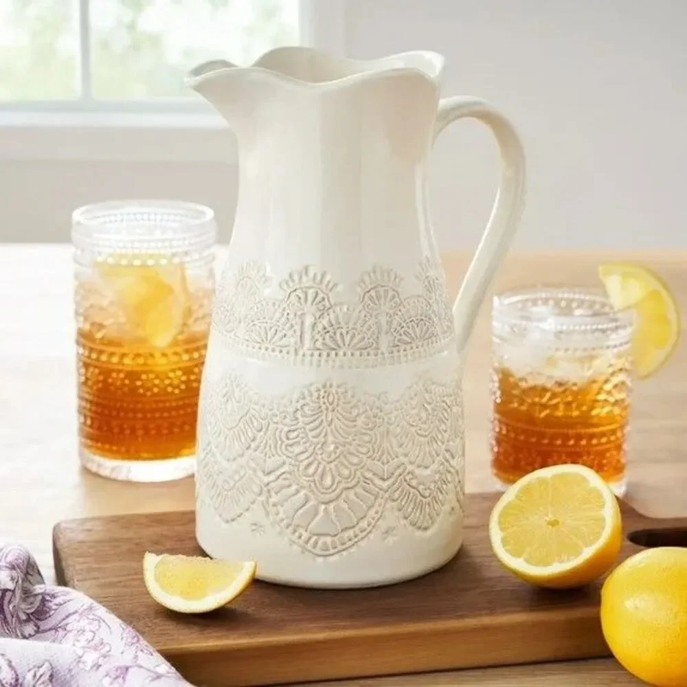 Pioneer Woman Vintage Lace Linen 9 inch White Ceramic Pitcher New